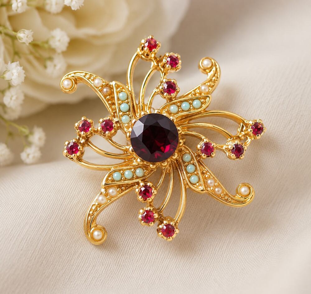 Vintage Gold Tone Spider Brooch Red Rhinestone Pearl Figural Pin
